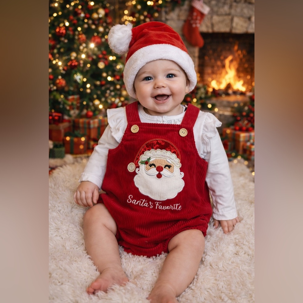 New w tags! Red Corduroy Santa Romper with White Ruffle Shirt